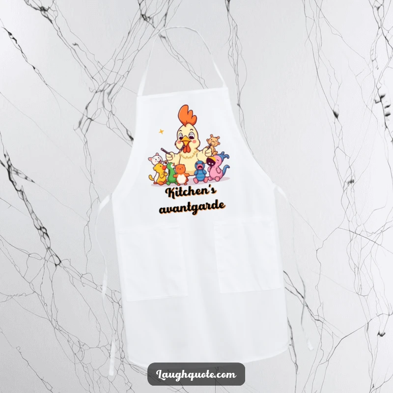 Funny rubber chicken conducting squeaky toys, a humorous apron for kitchen adventures and culinary fun.