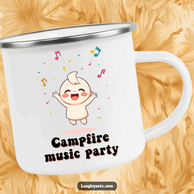 Funny camping mug showing a happy character throwing confetti made of musical notes, perfect for celebrations.
