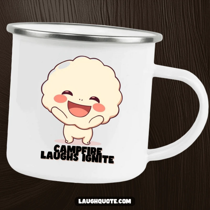 Funny camping mug featuring a cute character with a beaming smile holding a large, exaggerated laugh bubble, ideal for outdoor merriment.