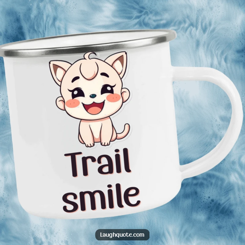 Funny Camping Mug: A character smiles widely, perfect for enjoying drinks outdoors with cheer.