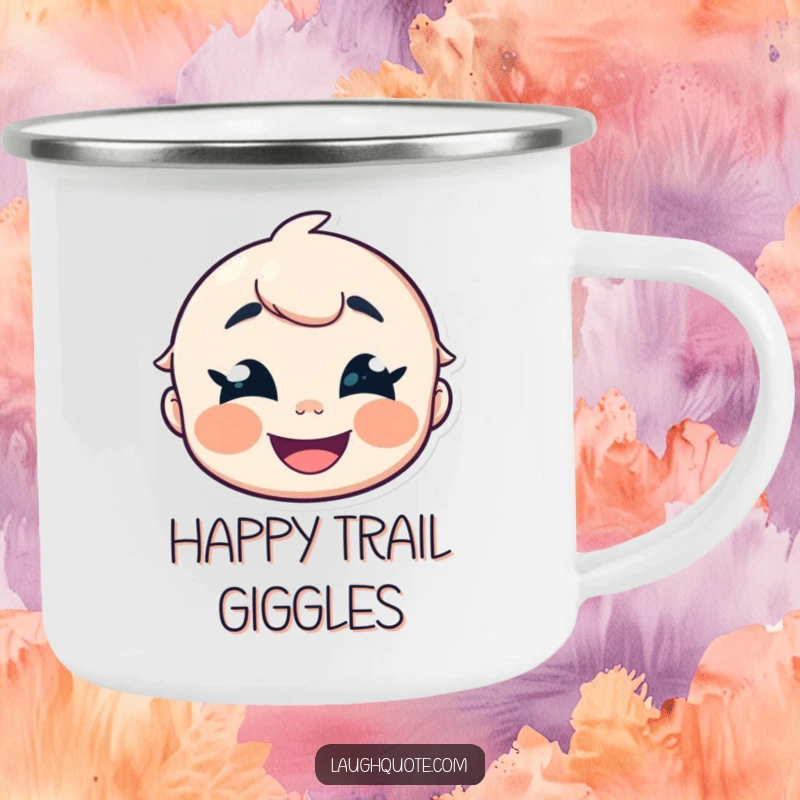 Funny Camping Mug showing a cheerful character with crinkled eyes giggling contagiously, perfect for outdoor cheer.