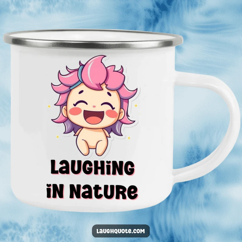 Funny enamel camping mug with a delighted character bursting with vibrant, colorful laughter, perfect for enjoying beverages on the go with a cheerful vibe.