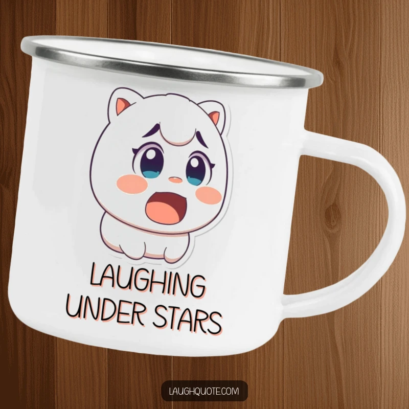 Funny camping mug showing a character with wide eyes and open mouth, captured mid-laugh with surprise.