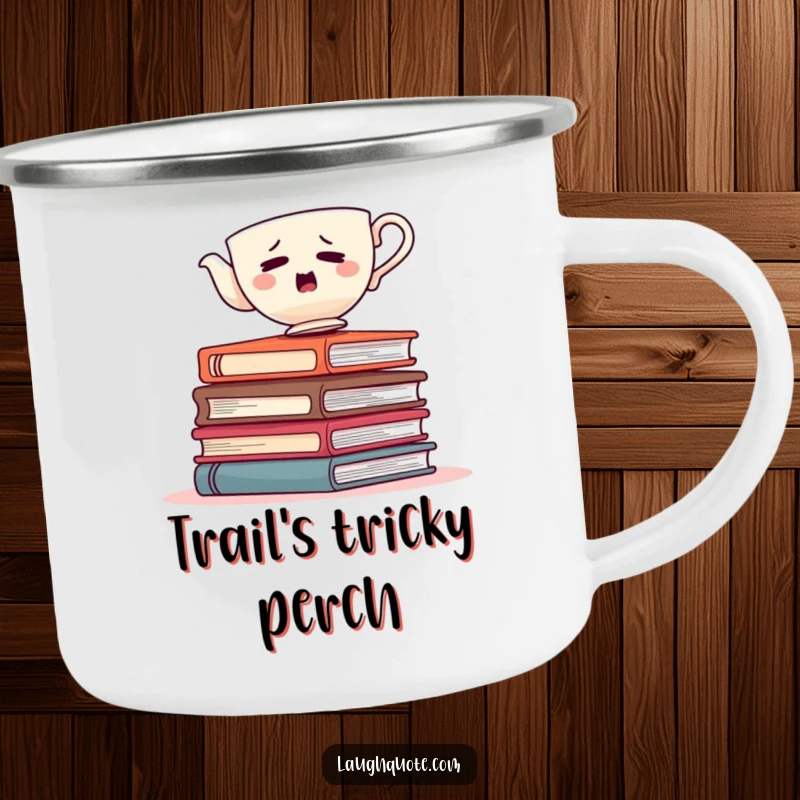 Funny teacup wobbling on books, a durable camping mug for outdoor adventures and book lovers.