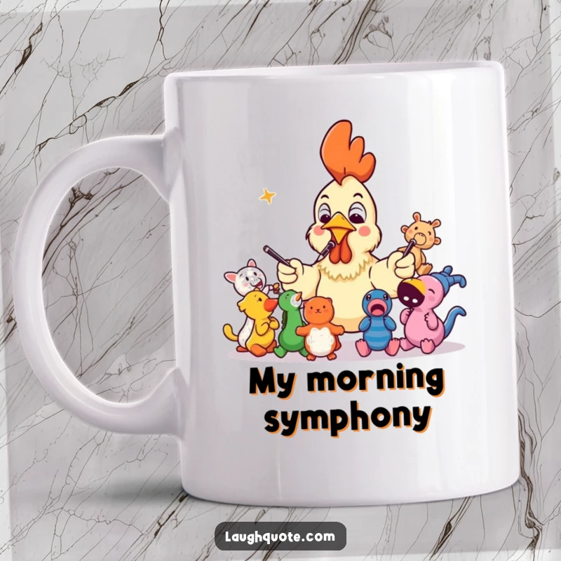 Funny rubber chicken mug conducting squeaky toys with surprise, a chaotic and humorous scene for a coffee mug gift.