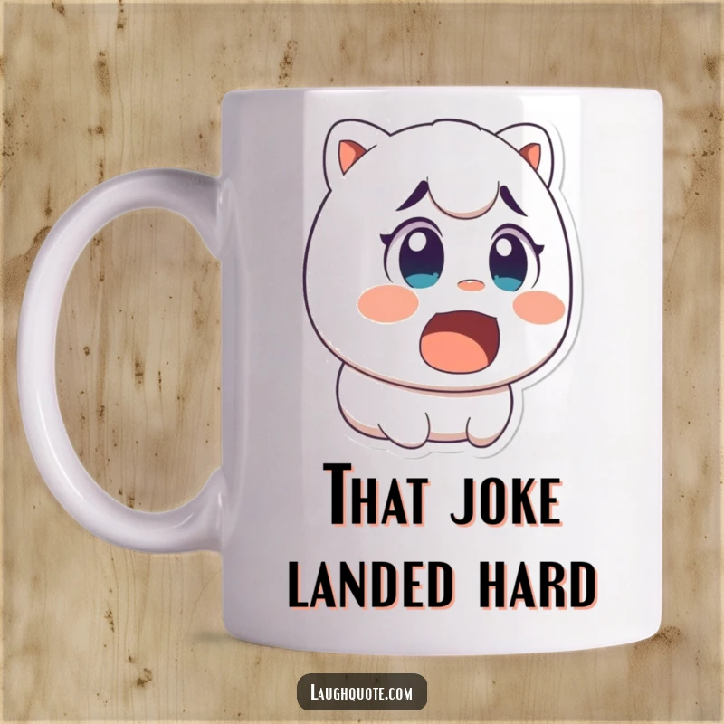 Funny mug featuring a character with comically wide eyes and an open mouth, caught mid-laugh in surprised delight.