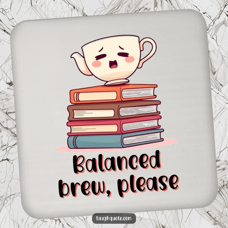 Funny teacup balanced on books, a humorous drink coaster for parties and home settings.
