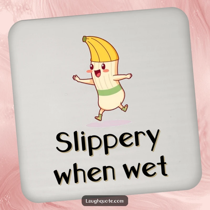 Funny drink coaster with a mischievous banana peel attempting to trip a dancing sock, a comical table accessory.