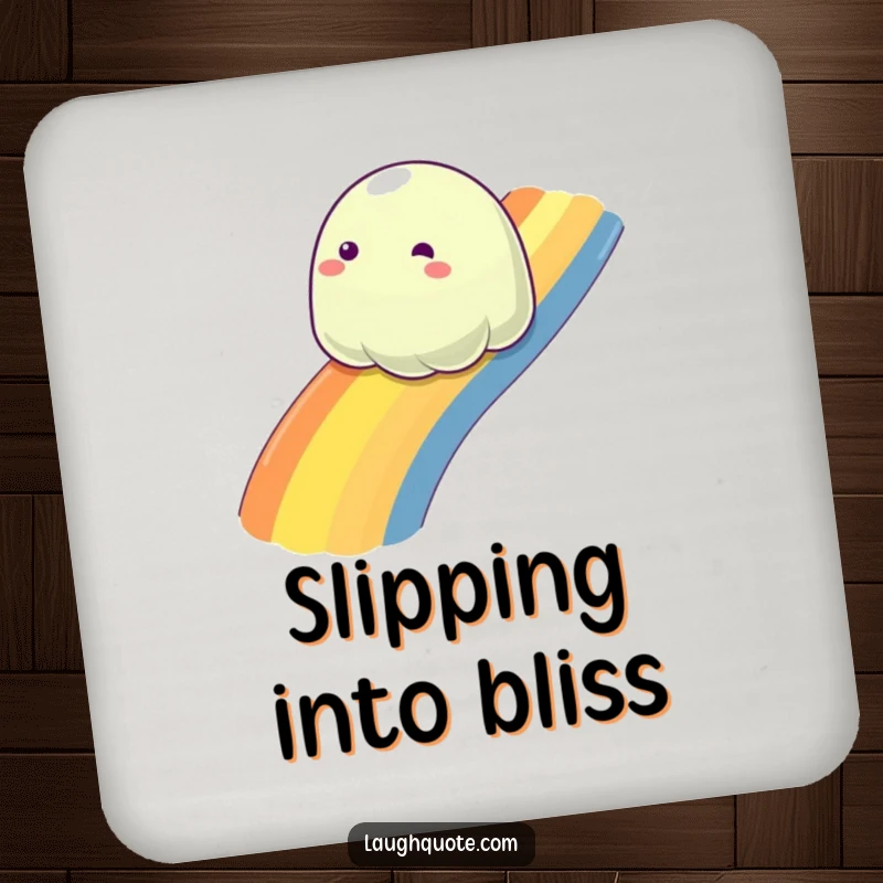 Funny slime blob sliding down a rainbow, a humorous drink coaster for parties and home settings.