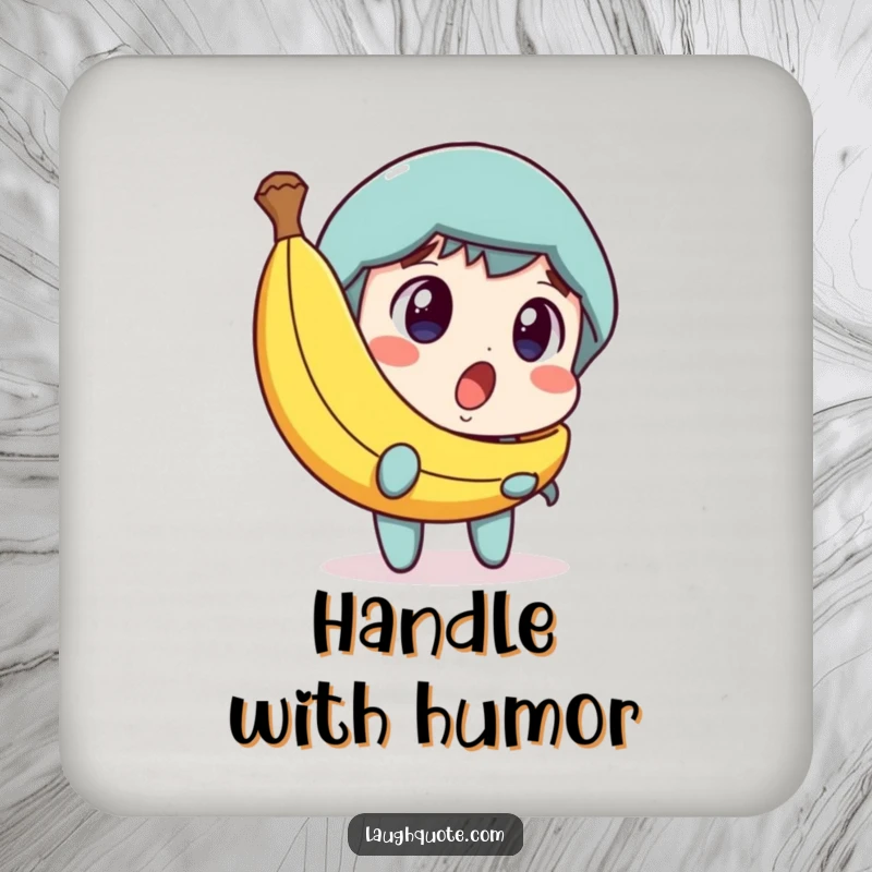 Funny drink coaster featuring a character surprised by a banana peel, with a dawning expression of amusement, adding humorous flair.