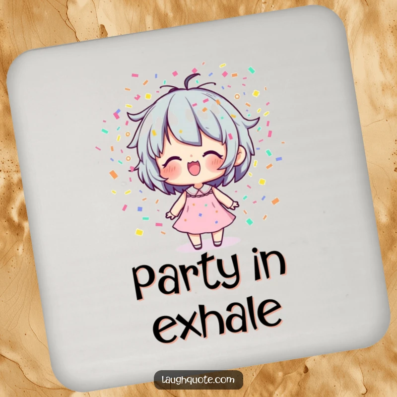 Funny Drink Coasters: Set featuring characters exhaling colorful confetti, adding a festive and protective touch to surfaces.
