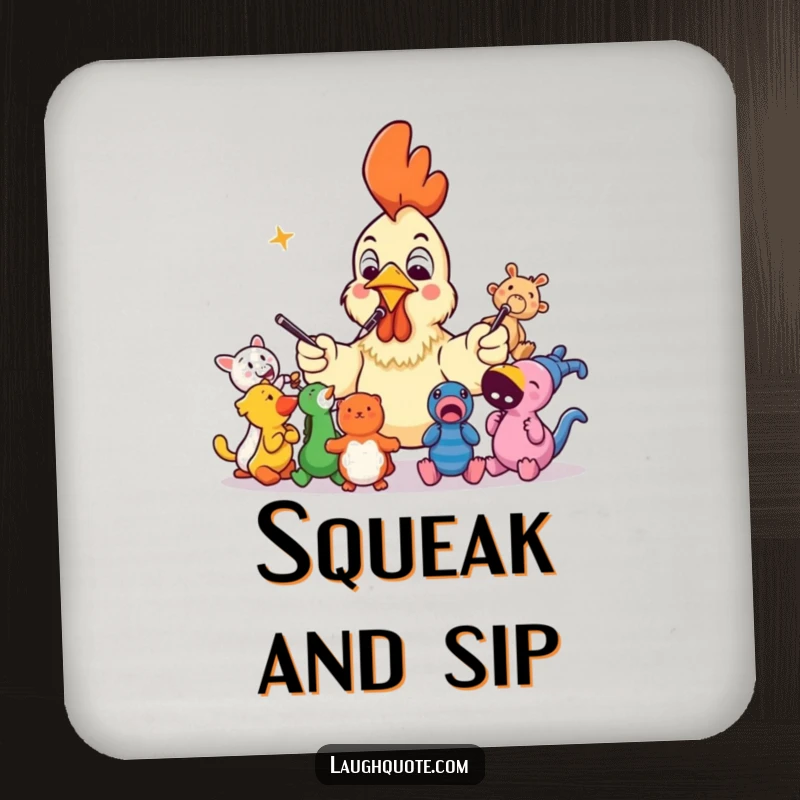Funny rubber chicken directing squeaky toys, a humorous drink coaster for parties and home.