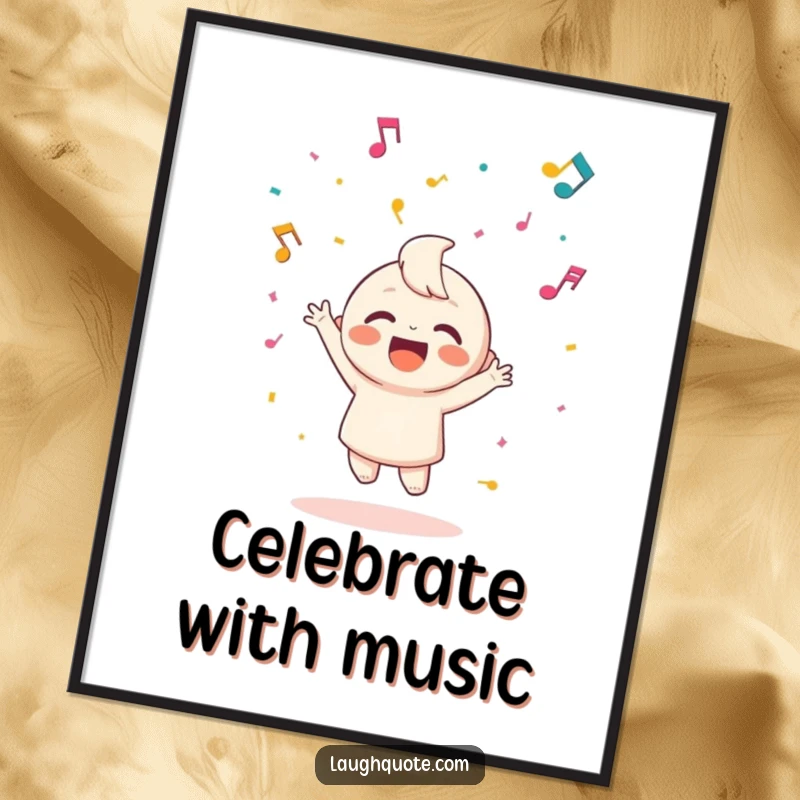 Funny poster illustrating a happy character joyfully throwing confetti made entirely of musical notes in celebration.