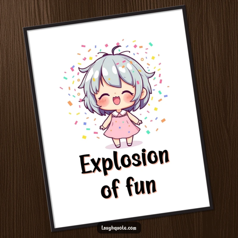 Funny Poster: Art print of a character exhaling a massive, joyful cloud of colorful confetti, representing pure happiness.