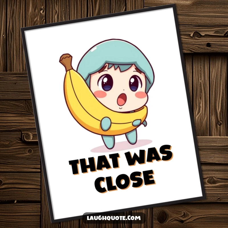 Funny poster of a character’s surprised face morphing into amusement upon seeing a banana peel, ideal for humorous wall decor.