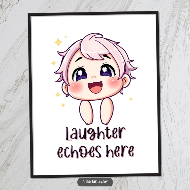 Funny Poster: Art of a character with sparkling eyes sharing an uncontrollable, contagious laugh, radiating pure delight.