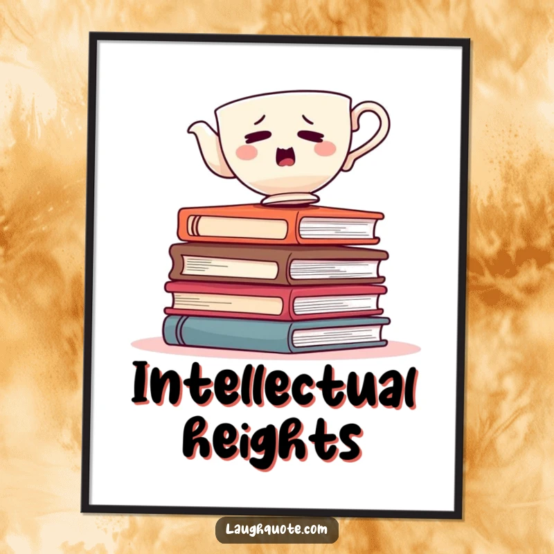 Funny teacup precariously balanced on a pile of books, a humorous poster for delightful wall decor.