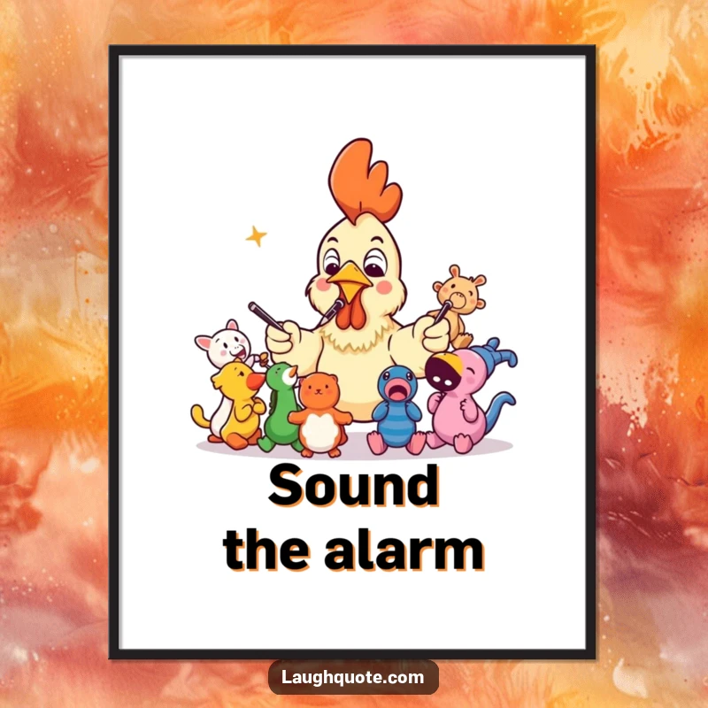 Funny rubber chicken leading a squeaky toy orchestra, a vibrant and humorous poster for wall decoration.