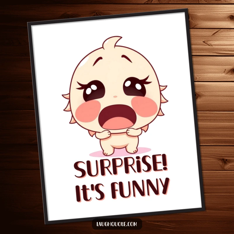 Funny Poster print of a character in a state of shocked surprise, mouth open, overcome with sudden, hilarious laughter.