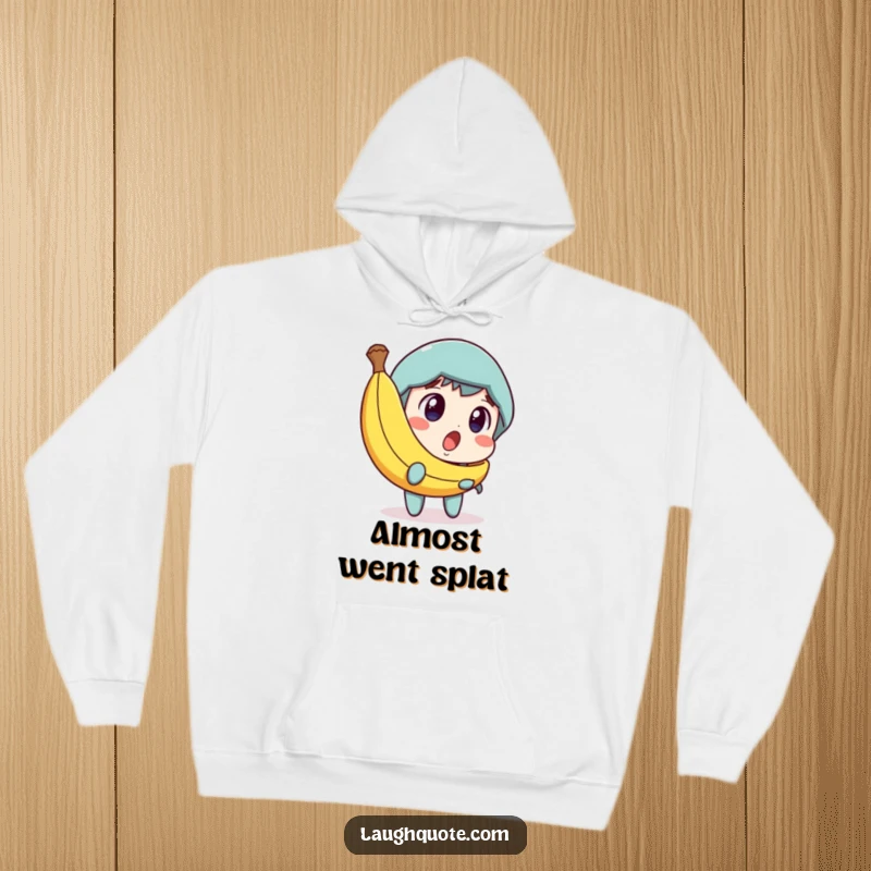 Funny hoodie featuring a character looking surprised at a banana peel, with its expression shifting to dawning amusement, symbolizing comedic timing.