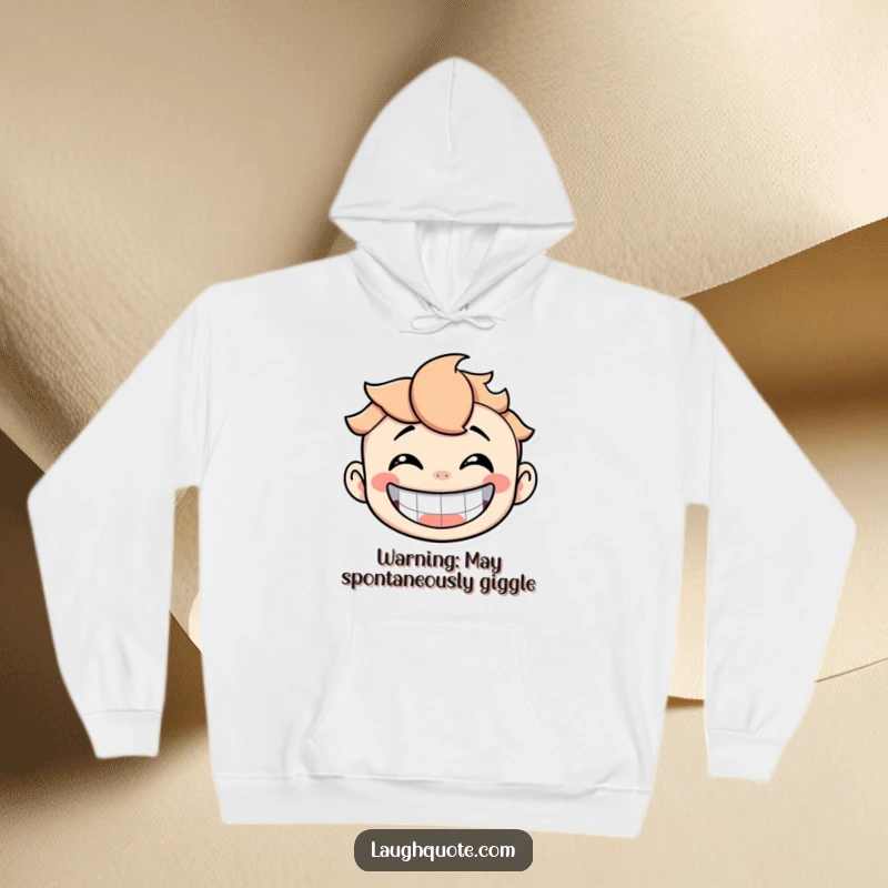 Funny Hoodie displaying a character with a giant, beaming smile, shaking with unrestrained, joyful laughter.