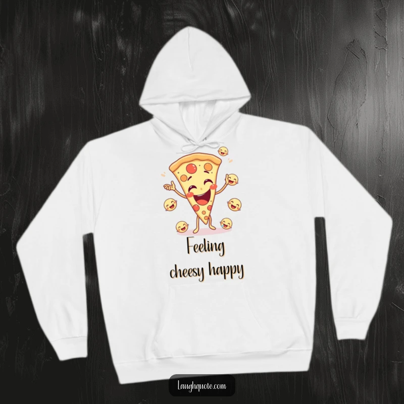 Funny hoodie with a giggling pizza slice character juggling various small, laughing emoji faces, radiating happiness.