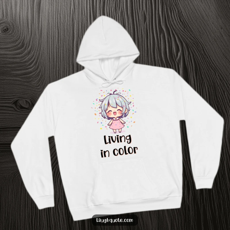 Funny Hoodie: Cozy wear featuring a character joyfully releasing a cascade of colorful confetti, perfect for celebrations.