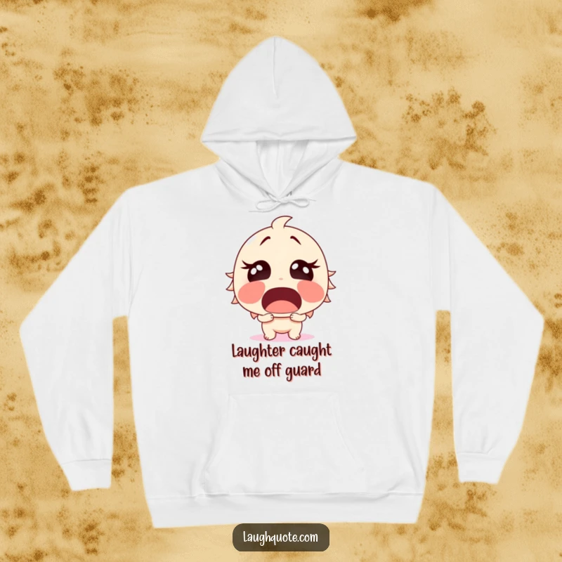Funny Hoodie featuring a surprised character with an open mouth, caught in an outburst of sudden, hilarious laughter.