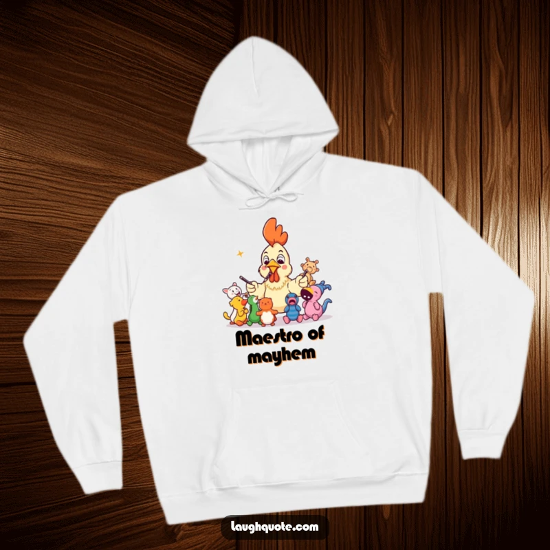 Funny rubber chicken conducting a squeaky toy orchestra, a warm and humorous hoodie for ultimate comfort.