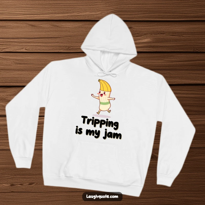 Funny hoodie depicting a mischievous banana peel setting a trap for a happy, dancing sock, creating a comical chase scene.