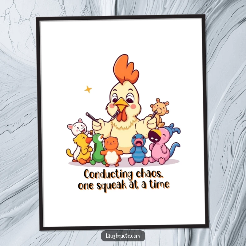 Funny free printable wall art depicting a startled rubber chicken humorously conducting a riotous orchestra of squeaky toys with glee.