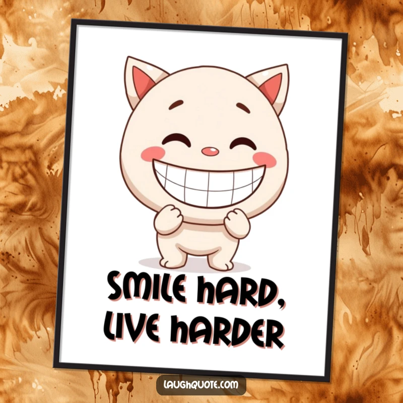 Free Printable wall art: A character with an enormous, exaggerated smile stretching wide, embodying pure, infectious, and comical happiness.
