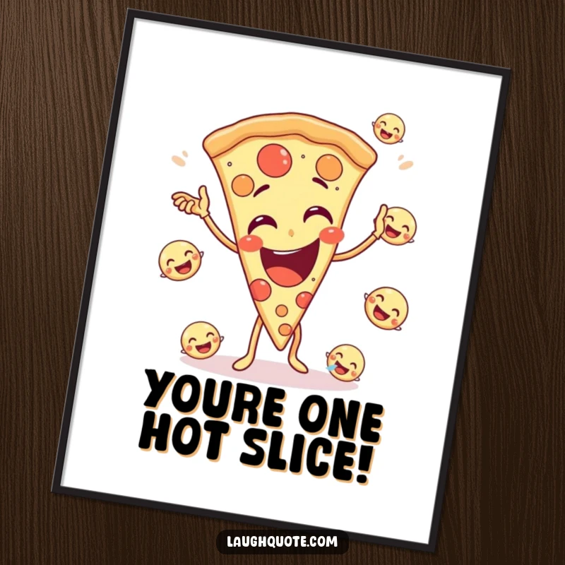 Funny Free Printable Wall Art: A giggling pizza slice energetically juggles small, laughing emojis.