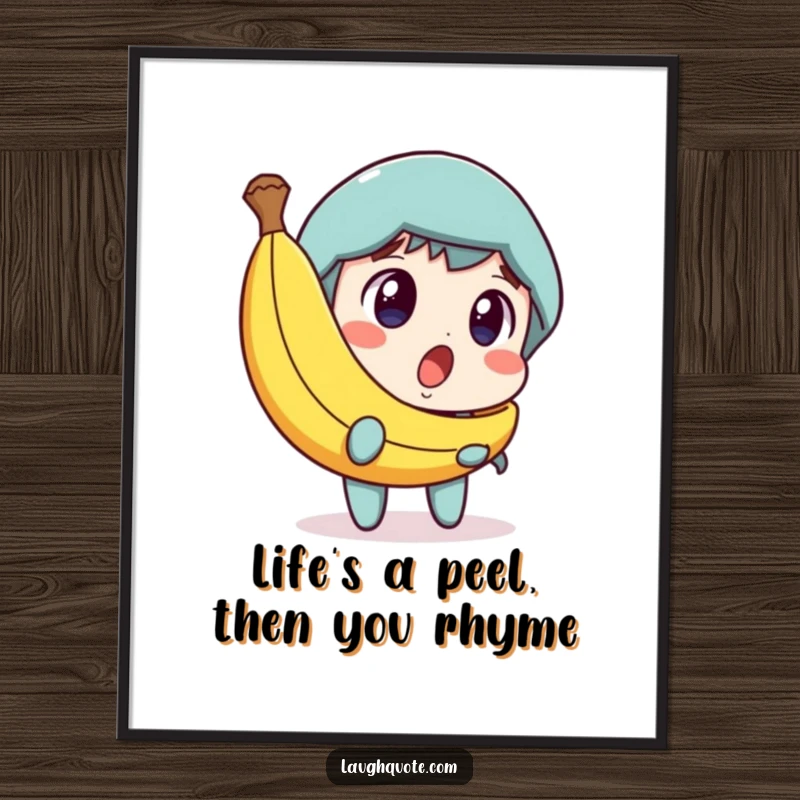 Funny free printable wall art depicting a character's surprised and amused reaction to a strategically placed banana peel.