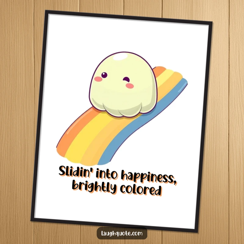 Funny free printable wall art capturing a sentient blob of slime joyfully sliding down a brilliant, colorful rainbow with glee.