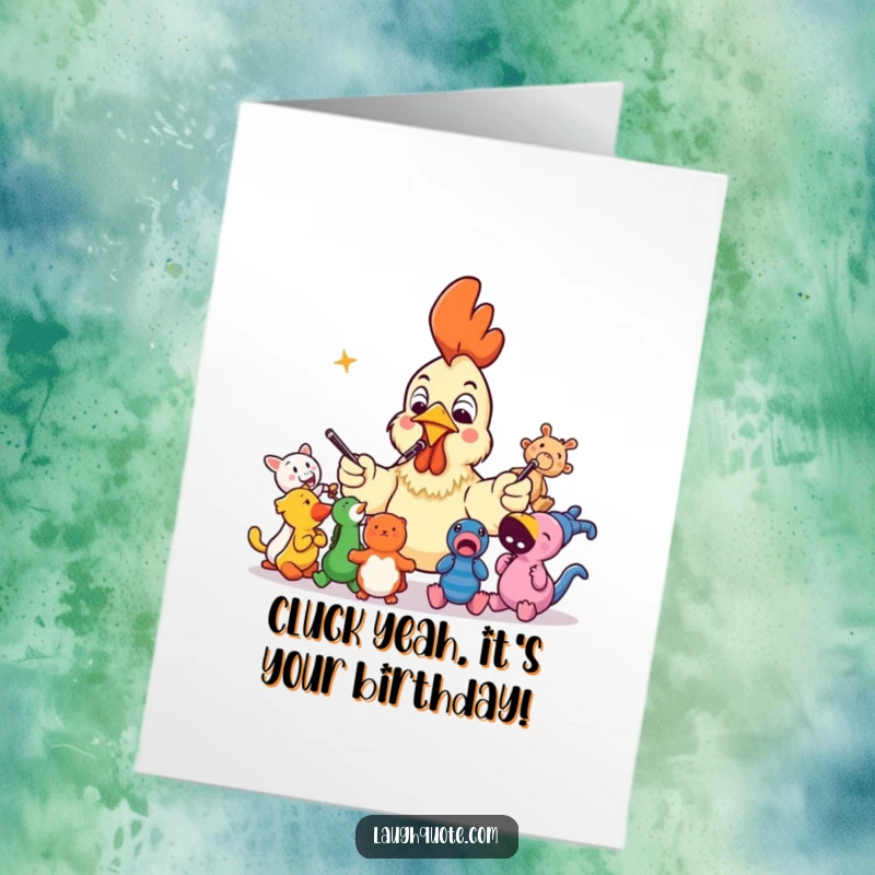 Funny free printable birthday card featuring a startled rubber chicken wildly conducting squeaky toys with a conductor's baton.