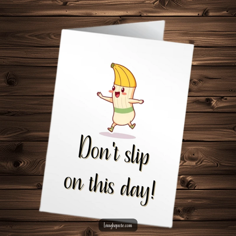 Funny Free Printable Birthday Card: A mischievous banana peel tries to trip a sock doing a silly dance.