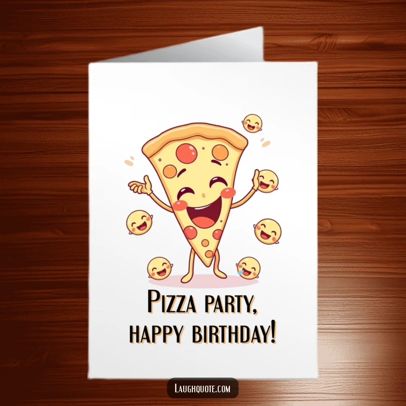 Funny Free Printable Birthday Card: A giggling pizza slice juggles laughing emojis, celebrating the occasion.