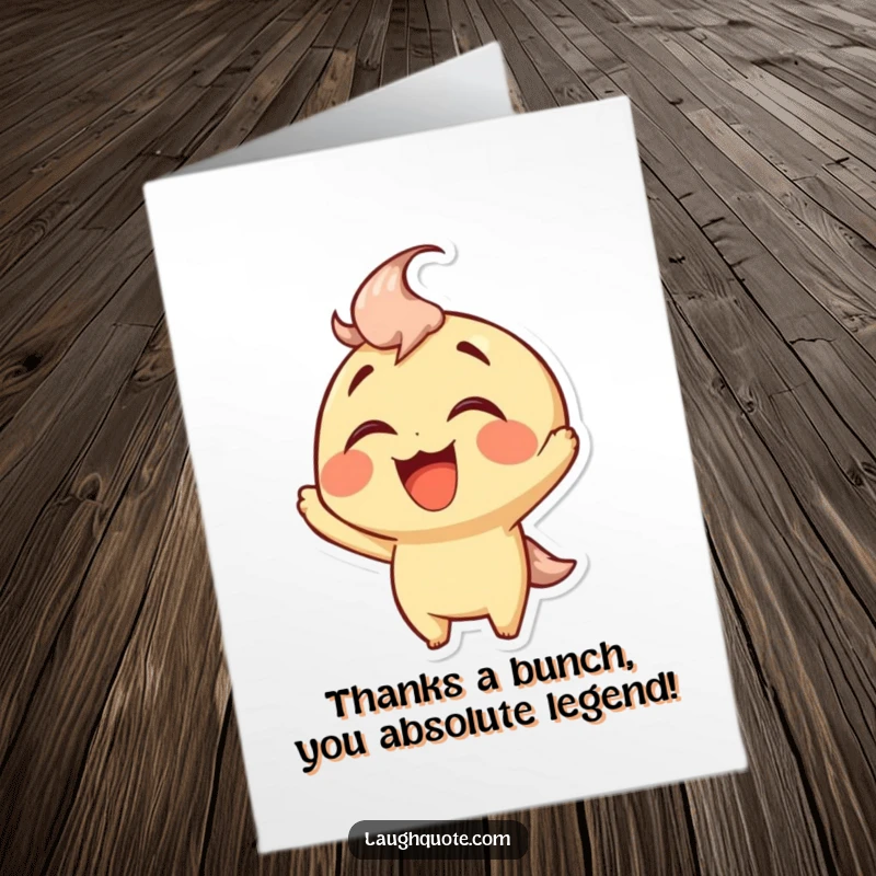 Funny free printable thank you card featuring a character leaning back, caught in a fit of laughter.