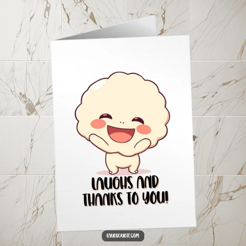 Funny free printable thank you card showcasing a happy character holding a huge laugh bubble, perfect for expressing gratitude.