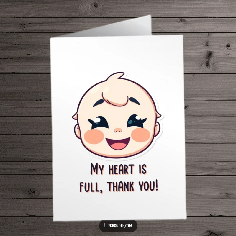 Funny free printable thank you card of a character with joyfully crinkled eyes letting out a bubbly giggle.