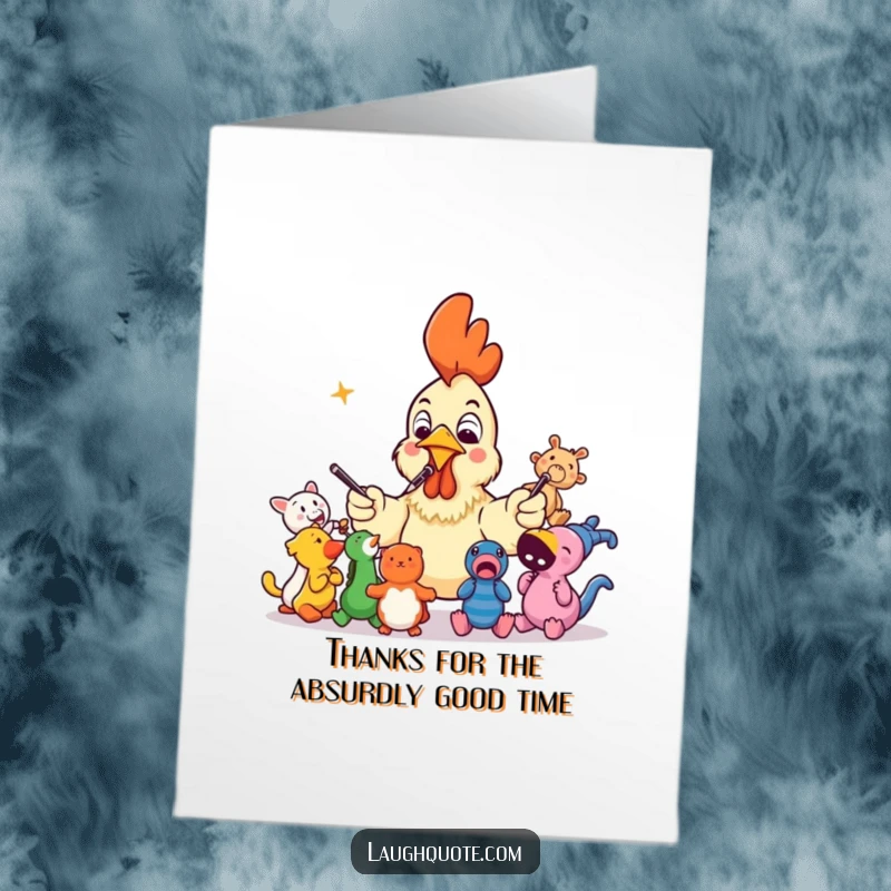 Funny free printable thank you card with a rubber chicken enthusiastically directing a chorus of squeaky toys in a thank you performance.