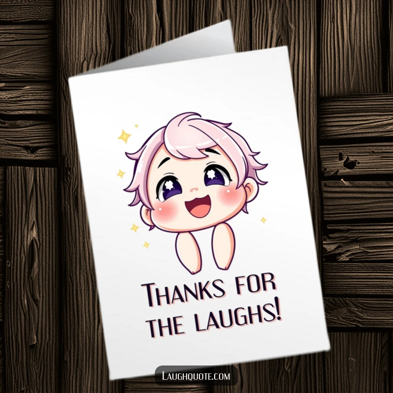 Funny Free Printable thank you card: A character with twinkling, sparkling eyes sharing a genuine, contagious laugh, radiating warmth and gratitude.