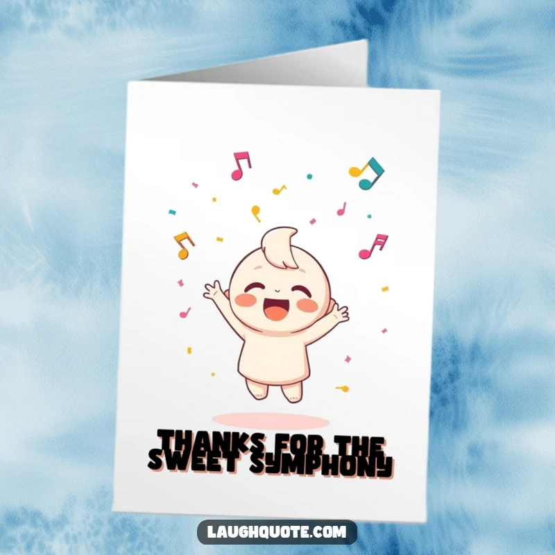 Funny Free Printable Musical Thank You Card: Happy character throwing confetti musical notes, expressing thanks joyfully.