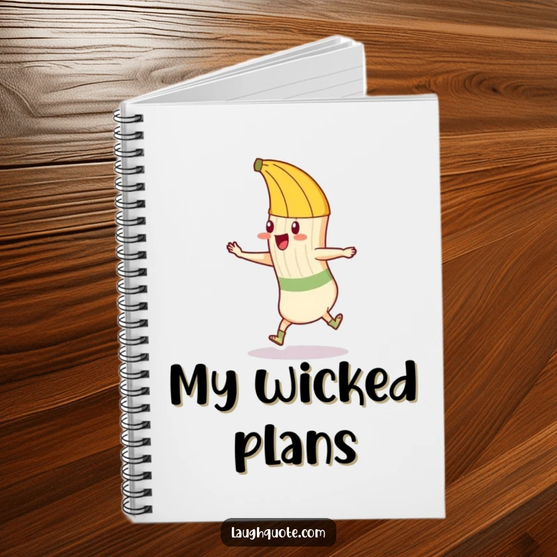 Funny notebook with a mischievous banana peel about to trip a dancing sock, ideal for jotting down funny thoughts.
