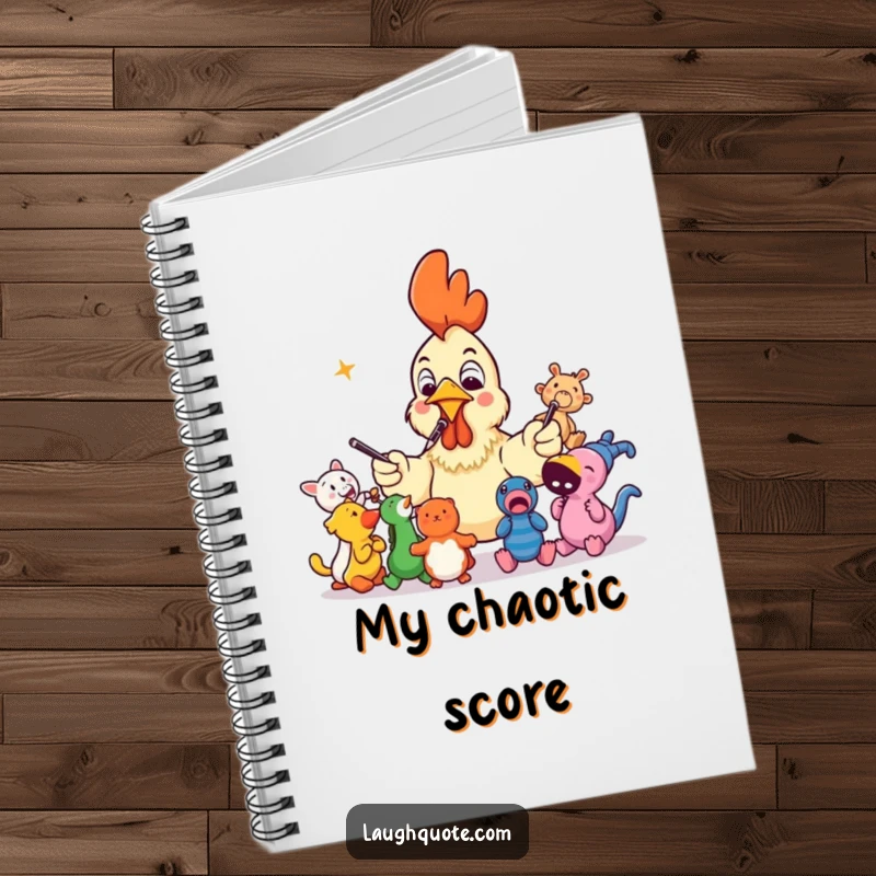Funny rubber chicken conducting squeaky toys, a humorous notebook for capturing creative and funny thoughts.