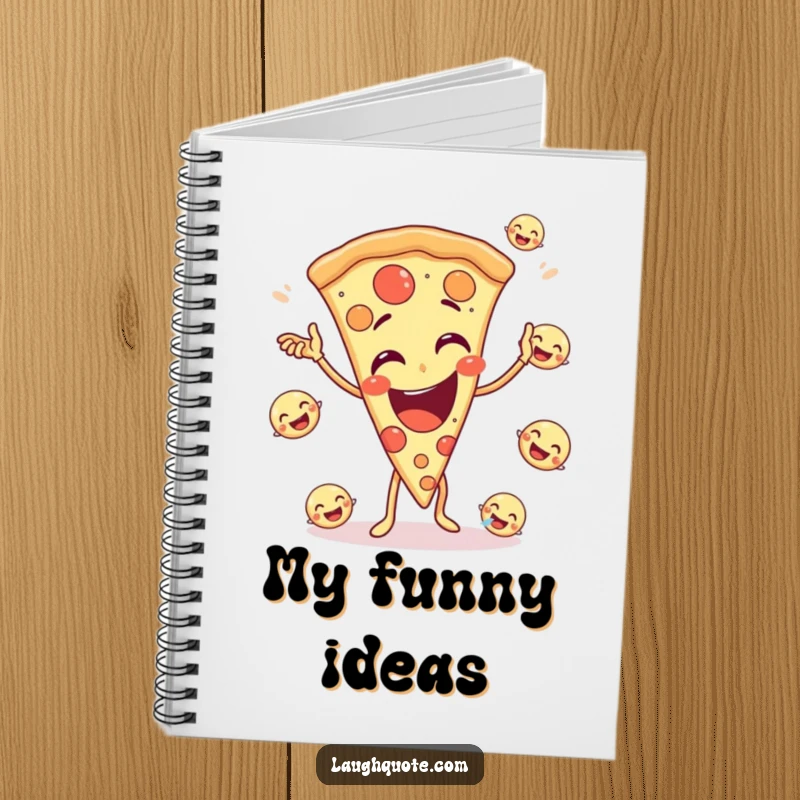 Funny notebook with a giggling pizza slice character juggling small, laughing emojis, ideal for jotting down ideas.