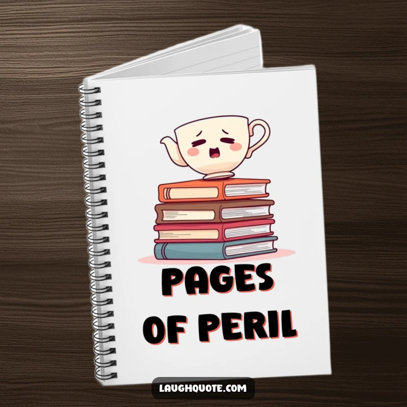 Funny teacup wobbling on books, a humorous notebook for capturing creative and everyday thoughts.