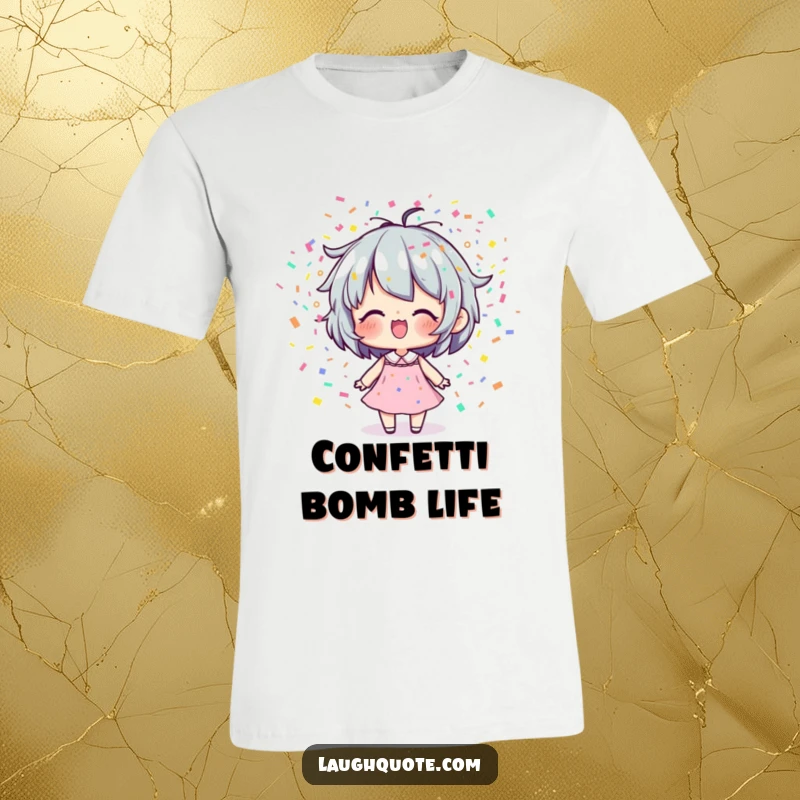 Funny T-Shirt: Character exhaling a vibrant explosion of colorful confetti, symbolizing pure joy and excitement.