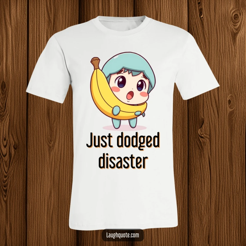 Funny t-shirt featuring a character’s surprised face turning into amusement upon seeing a banana peel, capturing a classic comedic moment.